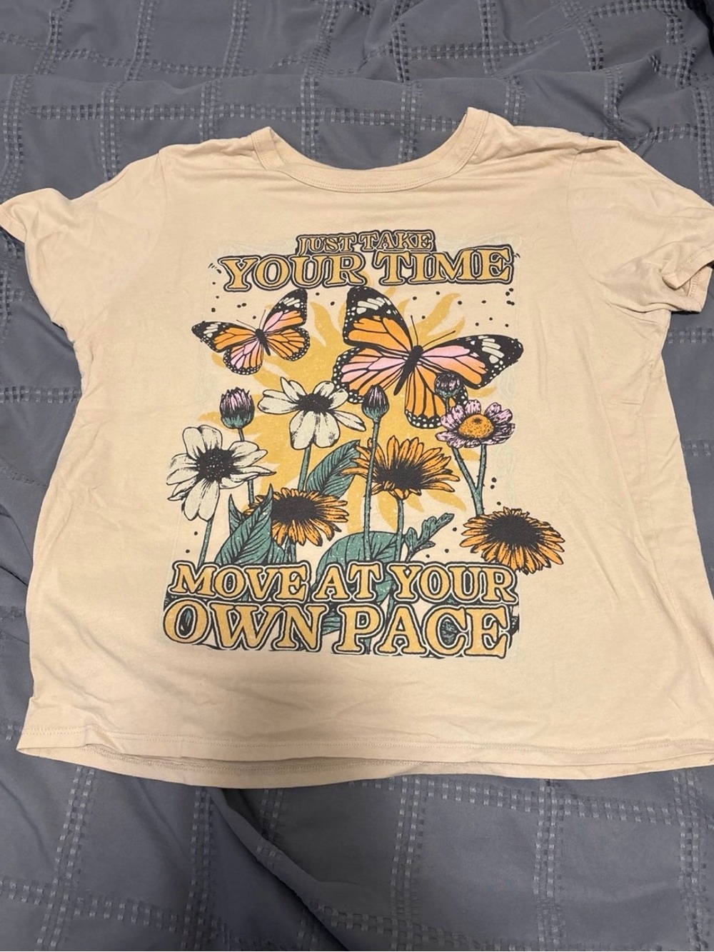 Butterfly & Floral Graphic Tee - Cream with Yellow and Pink Accents